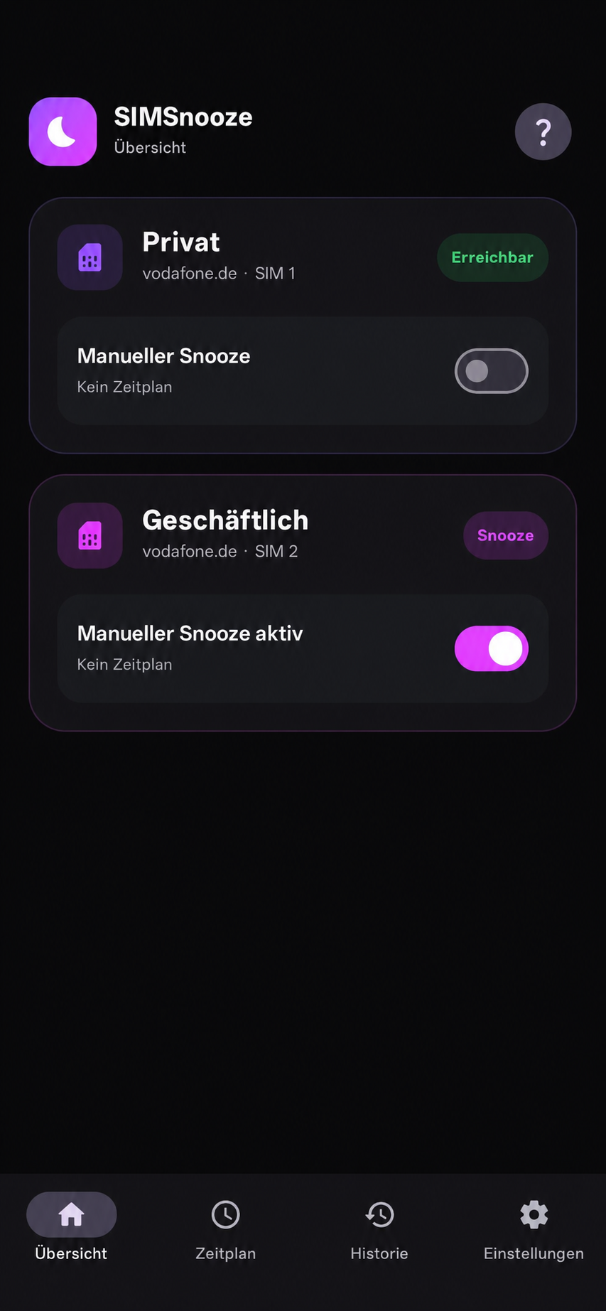 SIMSnooze App Übersicht mit Privat- und Geschäfts-SIM