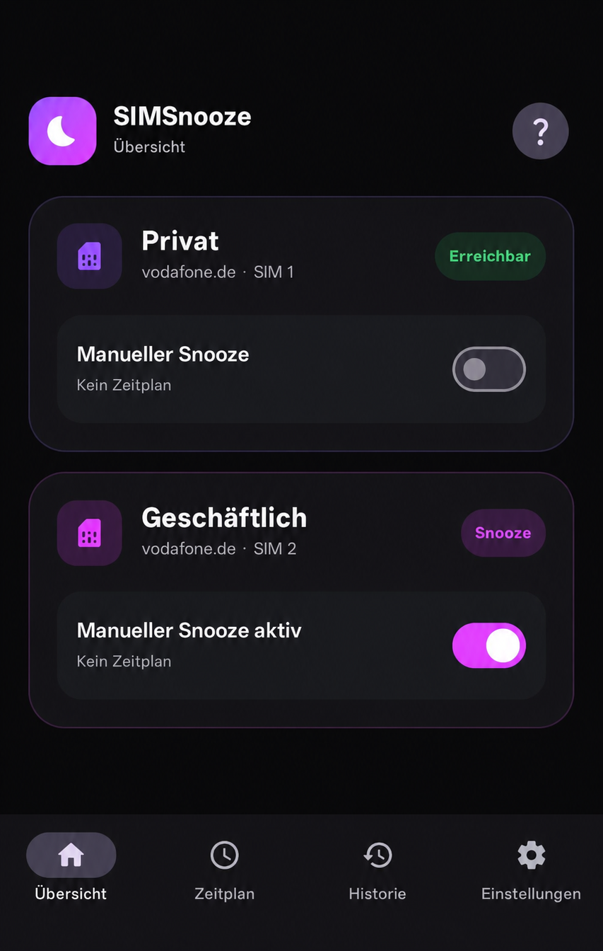 SIMSnooze App Übersicht mit Privat- und Geschäfts-SIM